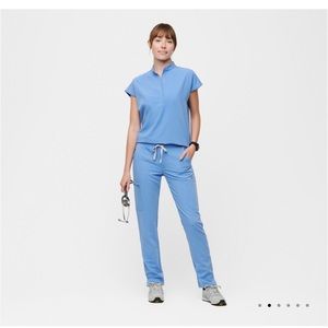 Figs Rafaela Mandarin Collar Scrub Top Ceil Blue Large NWT